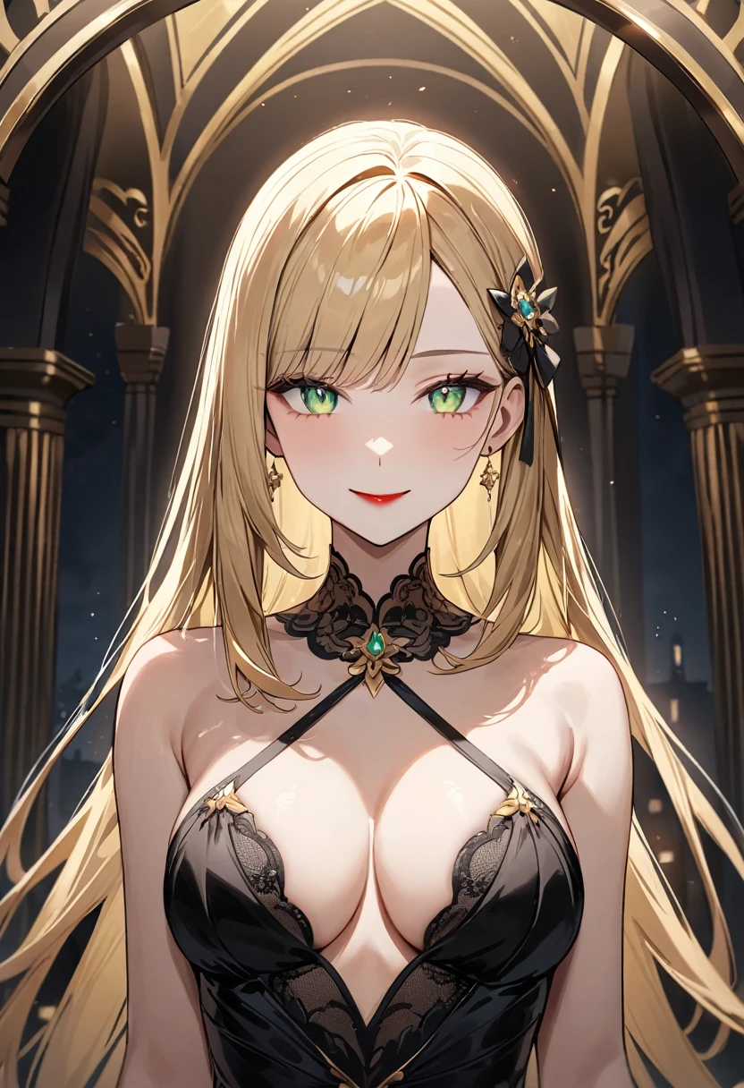 (masterpiece, top quality, very aesthetic, 4k、illustration), intricate detail, 1woman,solo,contrapposto 、(gradient eyes、tareme)、Strong glowing eyes、asymmetrical bangs,Fair skin,(cowboy shot)、beautiful women、Cleavage、light smile、(red lipstick),beautiful face、(gradient hair)、(blonde hair)、sidelock ,straight hair,green eyes、Evening Dresses、medium breasts、slender 、