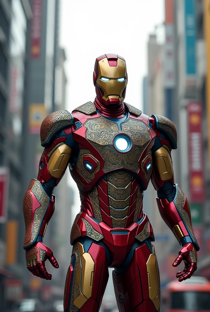 Iron man form India , Mumbai City in background.and Indian flag on chest left side