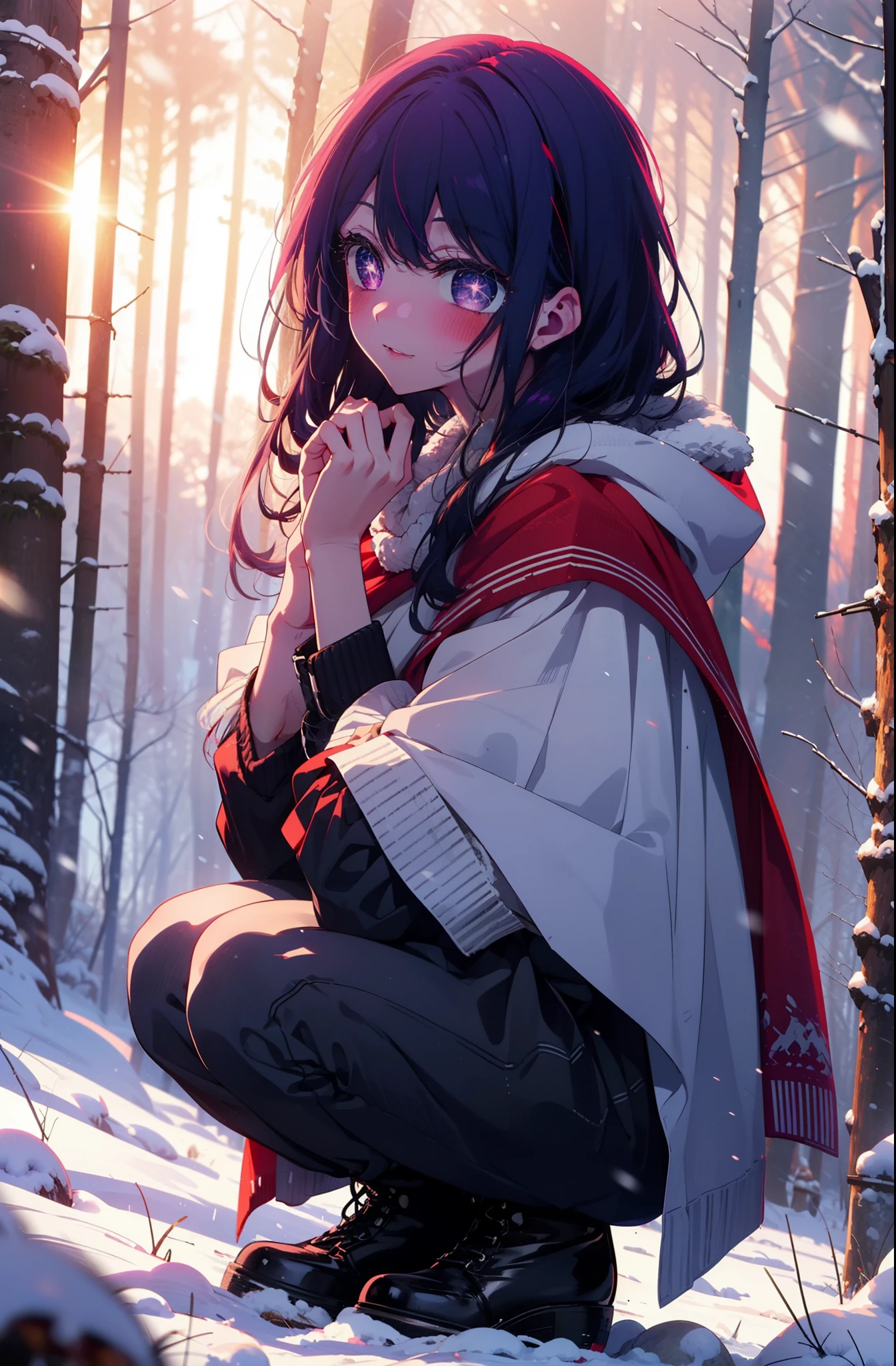 aihoshino, Ai Hoshino, Long Hair, bangs, (Purple eyes:1.1), Purple Hair, (Symbol-shaped pupil:1.5), smile,,smile,blush,white breath,
Open your mouth,snow,Ground bonfire, Outdoor, boots, snowing, From the side, wood, suitcase, Cape, Blurred, , forest, White handbag, nature, Squat, Mouth closed, Cape, winter, Written boundary depth, Black shoes, red Cape break looking at viewer, Upper Body, whole body, break Outdoor, forest, nature, break (masterpiece:1.2), Highest quality, High resolution, unity 8k wallpaper, (shape:0.8), (Beautiful and beautiful eyes:1.6), Highly detailed face, Perfect lighting, Highly detailed CG, (Perfect hands, Perfect Anatomy),