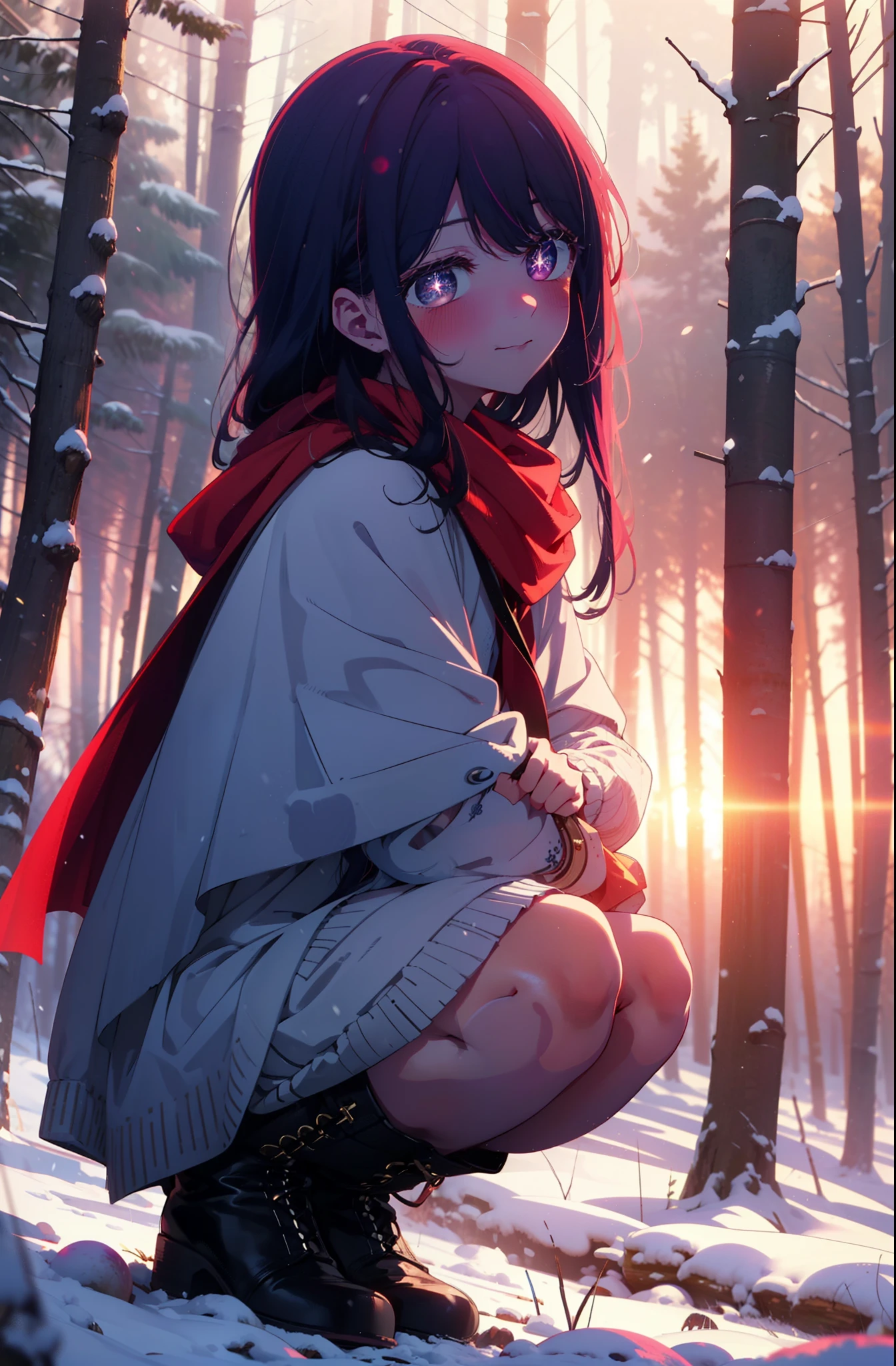 aihoshino, Ai Hoshino, Long Hair, bangs, (Purple eyes:1.1), Purple Hair, (Symbol-shaped pupil:1.5), smile,,smile,blush,white breath,
Open your mouth,snow,Ground bonfire, Outdoor, boots, snowing, From the side, wood, suitcase, Cape, Blurred, , forest, White handbag, nature,  Squat, Mouth closed, Cape, winter, Written boundary depth, Black shoes, red Cape break looking at viewer, Upper Body, whole body, break Outdoor, forest, nature, break (masterpiece:1.2), Highest quality, High resolution, unity 8k wallpaper, (shape:0.8), (Beautiful and beautiful eyes:1.6), Highly detailed face, Perfect lighting, Highly detailed CG, (Perfect hands, Perfect Anatomy),