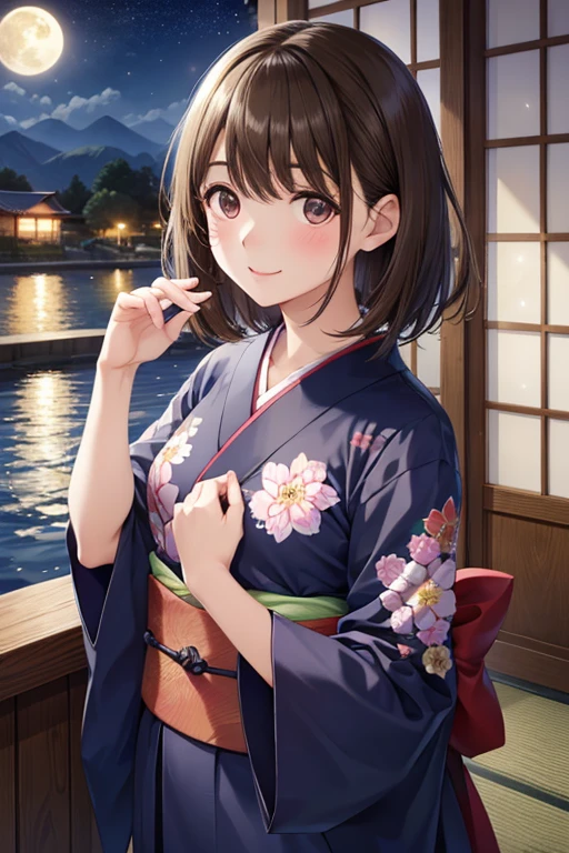anegasaki nene、Shiny brown hair, (Beautiful brown eyes、Sparkling eyes, Fine grain)、smile、超detailedな目、非常にdetailedな顔, 非常にdetailedな目,
masterpiece、High resolution、High resolution、
((masterpiece, Highest quality, detailed)) One person, High resolution, kimono, kimono, moon, original, 部分的にwater没した, petal, short hair, sion 0d1m, alone, water遊び, water