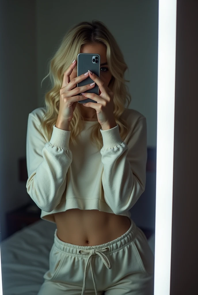Photo of a young blonde girl taking a selfie in her bedroom, striking a very sexy pose with her phone in front of her mirror. She hides her face completely. She's of average build. The mirror is equipped with white LEDs. She is dressed. She wear a sweat