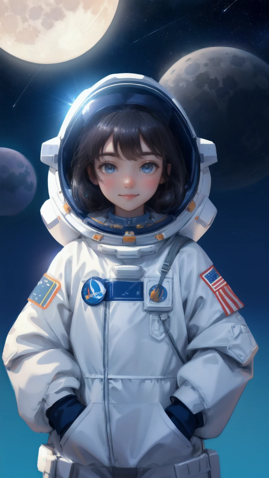 On the moon's surface under a starry blue sky, replace the main character with a beautiful, cute girl in an astronaut suit, her face shining with excitement. She is surrounded by smaller astronaut figures, all with delighted expressions, as Bitcoin coins float around them. Spaceships zoom through the sky above, with the large, glowing moon dominating the background. Keywords: Moon Lander, blue background.