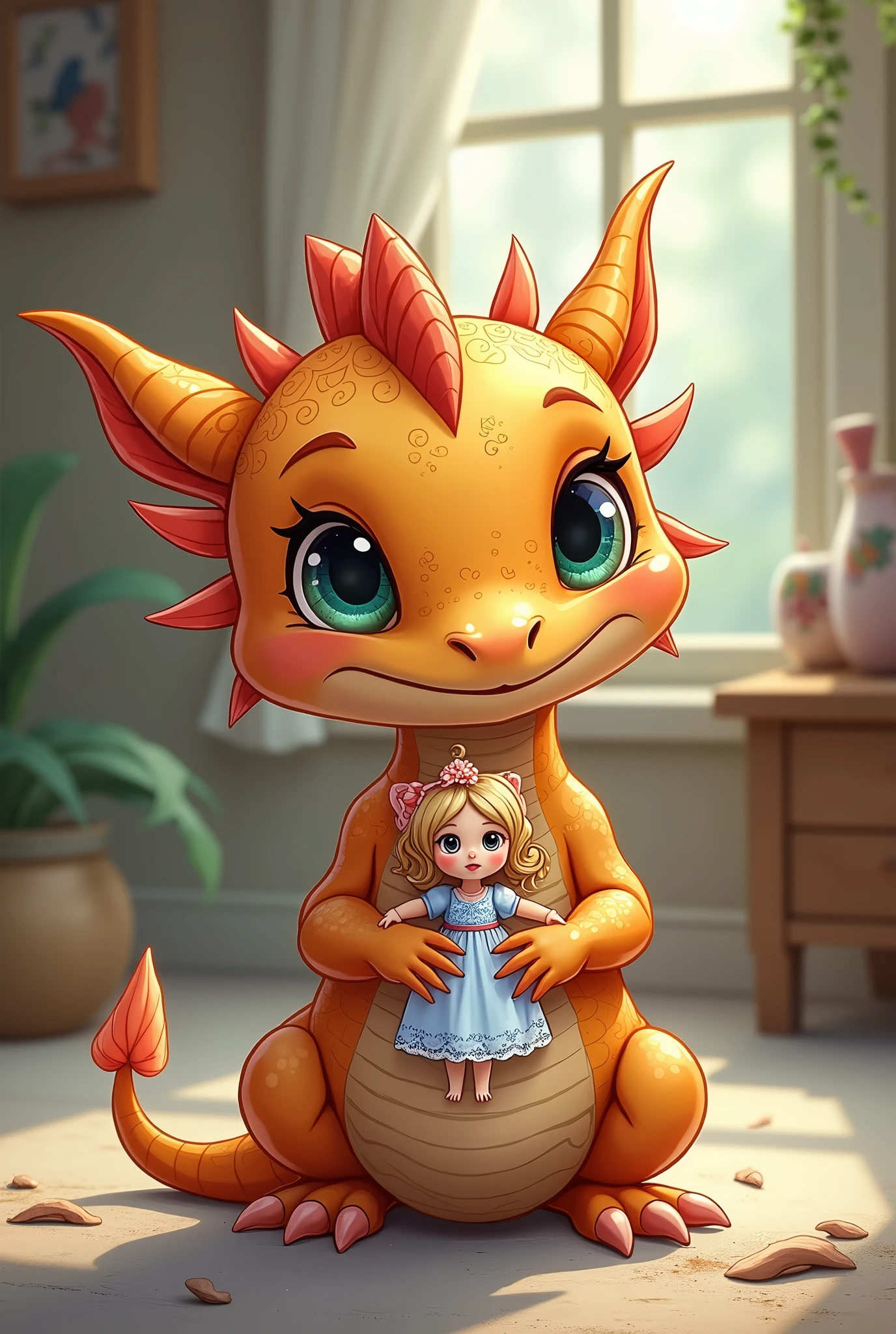 Cartoon of a little dragon holding a doll