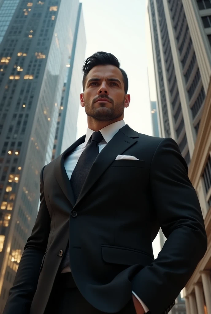 Muscular  black suit with attractive face shape and eyes and hairstyle and a great muscular Jawline great buildings and lots of money behind him and he was a multi billionaire person in the world