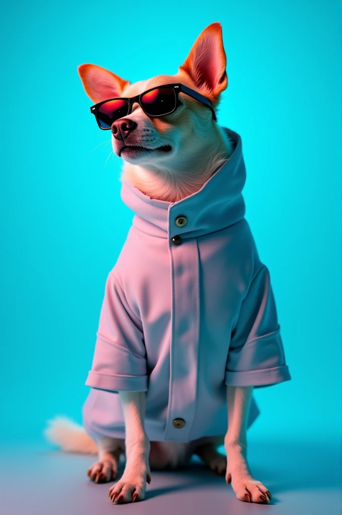 The best cell phone wallpaper, Award-Winning Wallpaper, portrait photography, In the front view is a portrait of a cute dog wearing mid-1960s space age fashion, Side view photo, Shot with Canon EOS R5, Set a strong contrast that accentuates the subject, Fluorescent blue tone, Wearing a very modern coat and sunglasses is a modern 1960s style, Clothes all in one color, beautiful background