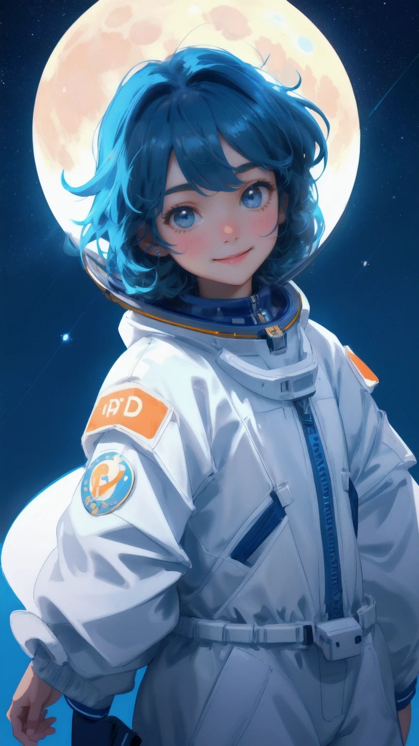 A beautiful, cute girl in an astronaut suit with a delighted expression is joyfully bouncing on the moon's surface under a starry blue sky, surrounded by smaller astronaut figures with the same excited expressions. Bitcoin coins float around her, and spaceships zoom through the sky above, with the large, glowing moon dominating the background. Keywords: Moon Lander, blue background.