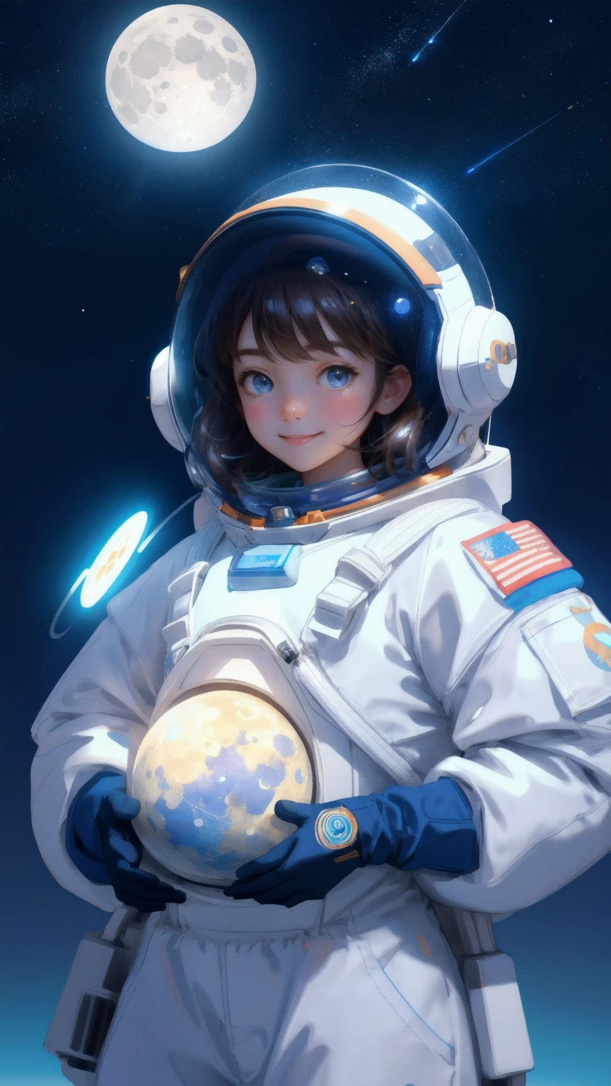 A beautiful, cute girl in an astronaut suit with a delighted expression is joyfully bouncing on the moon's surface under a starry blue sky, surrounded by smaller astronaut figures with the same excited expressions. Bitcoin coins float around her, and spaceships zoom through the sky above, with the large, glowing moon dominating the background. Keywords: Moon Lander, blue background.
