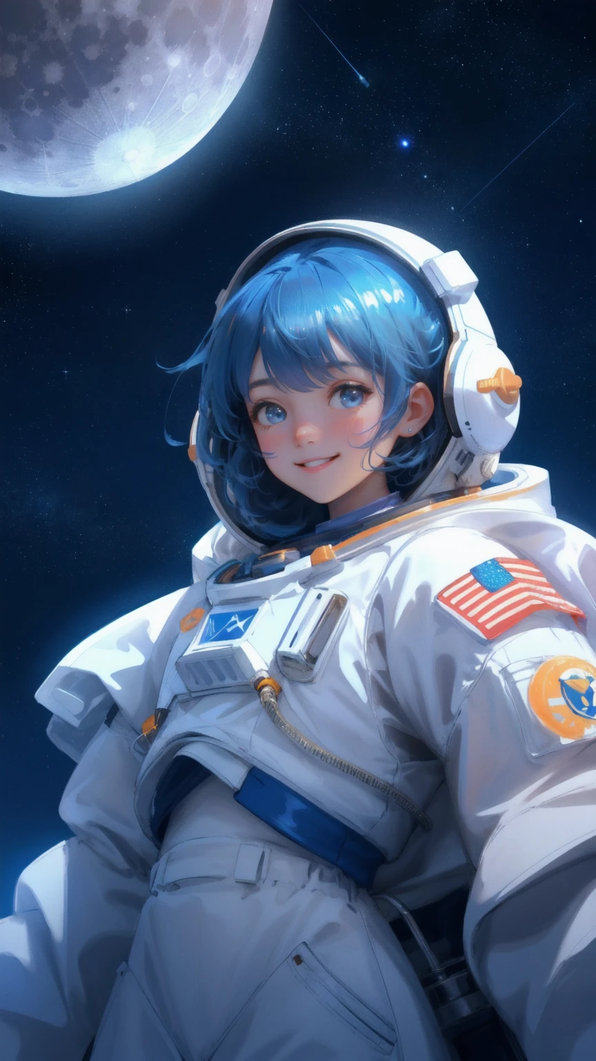 A beautiful, cute girl in an astronaut suit with a delighted expression is joyfully bouncing on the moon's surface under a starry blue sky, surrounded by smaller astronaut figures with the same excited expressions. Bitcoin coins float around her, and spaceships zoom through the sky above, with the large, glowing moon dominating the background. Keywords: Moon Lander, blue background.