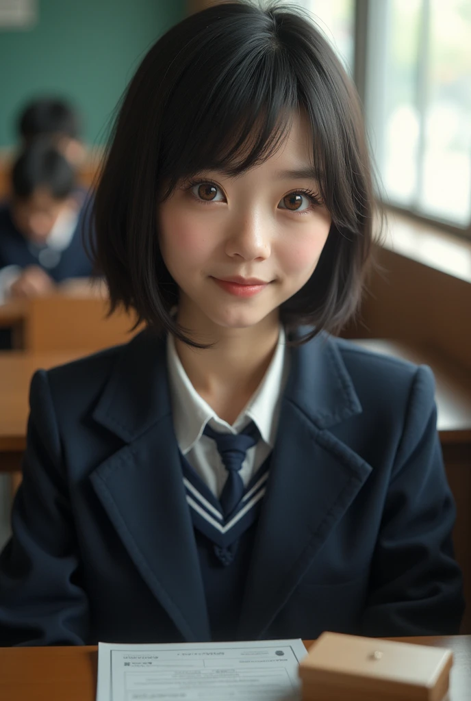 Highest quality, Face Focus, Soft Light, Ultra-high resolution, (Realistic:1.4), RAW Photos, 1 Japan, alone, cute, (A shy smile:0.5), (Brown eyes, Light in your eyes), Beautiful face in every detail, (Small box),(High resolution detail of human skin texture), (Short Bob Hair), break, In the classroom,Navy uniform, Best, skirt