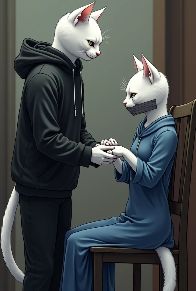 tall white cat dressed in black hoodie and black pant unties hands of a tall beautiful white cat dressed in blue plain frock tied on a chair with tape on mouth and tears in eyes