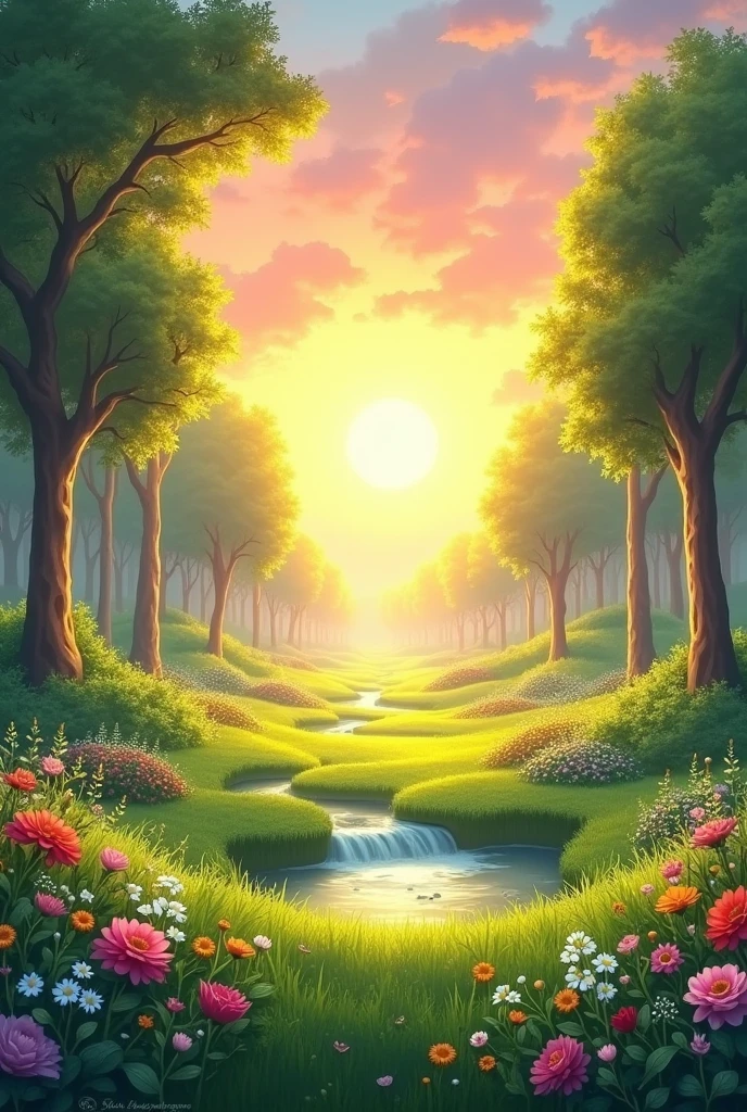 give me mind peaceful photo when i see that has colourful flowers,trees,grass in sunset and fill what you want