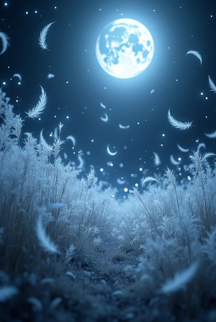 Mysterious and fantastical scenery at night。The strawberry moon shines high in the sky、Countless white feathers fluttering in the sparkling light