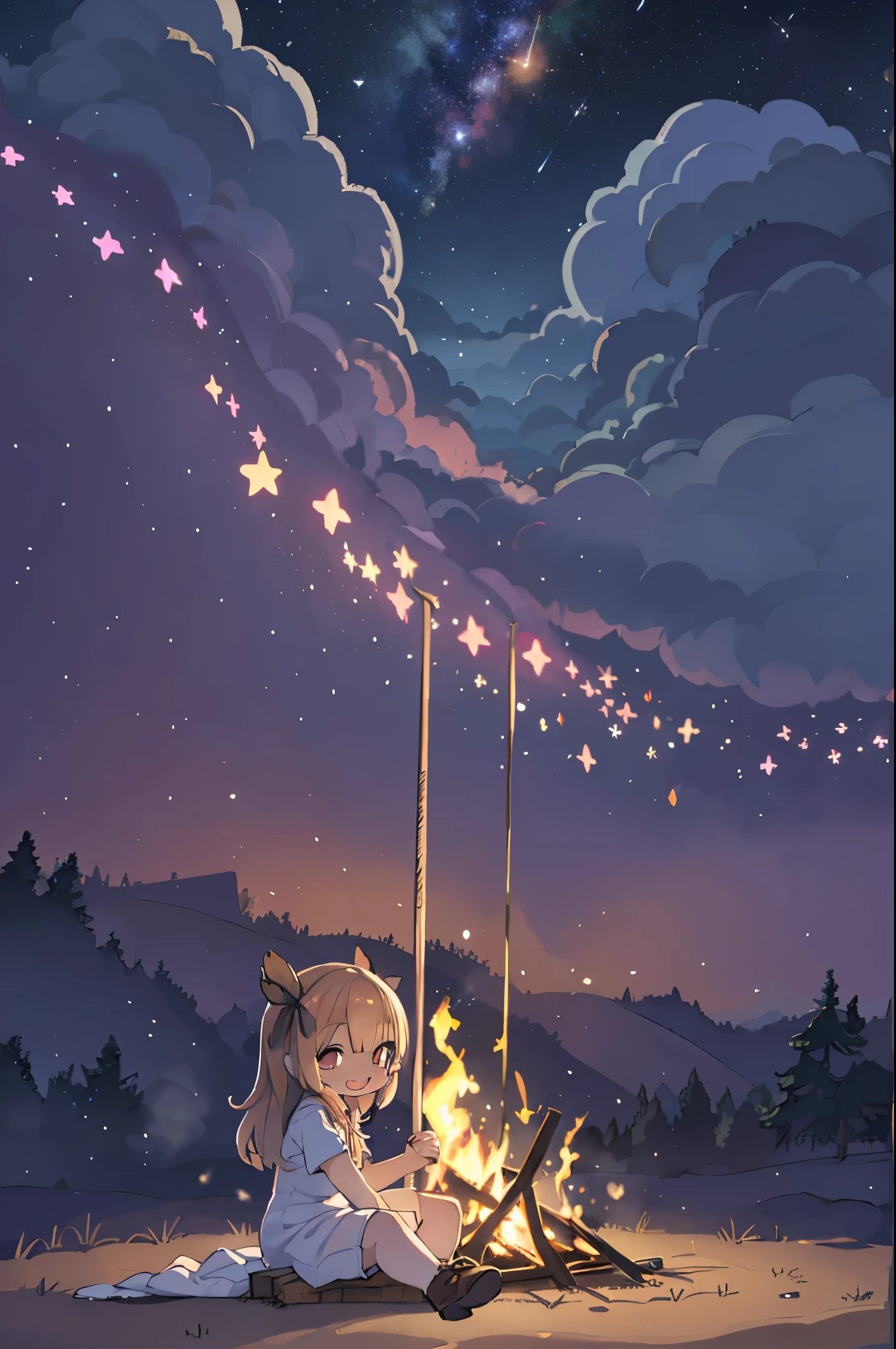 Tabletop, Highest quality, 1 person, alone, effect, Dark Background, With a happy face,Little、camp、Before the bonfire、Under the stars