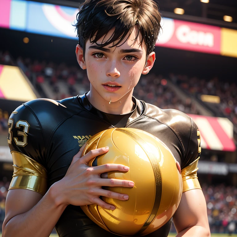 Boy in a wet, shiny gold football jersey gay