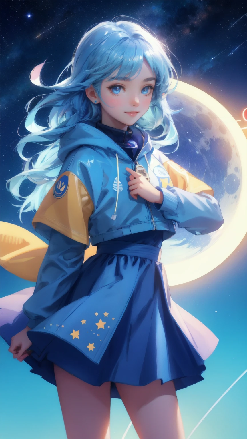 A beautiful, cute girl in a space-themed outfit, with a happy and energetic expression, is riding a colorful rocket soaring through a starry blue night sky. Bitcoin coins and Ethereum symbols are floating around her, while a massive, glowing blue moon serves as the backdrop. The rocket leaves a trail of stardust as it speeds towards the moon. Keywords: Moon Lander, blue background.