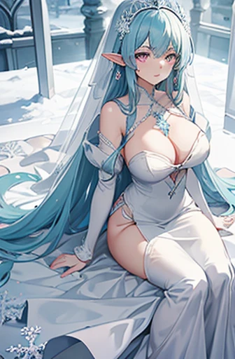 Anime, woman, long hair, pale blue hair, pink eyes, gently, earrings, big boob, wearing a wedding dress, beautiful, elegant, pure, fantasy, ice, snowflake, snow land, cool, noble, elf, stay in thorn room, smiled,