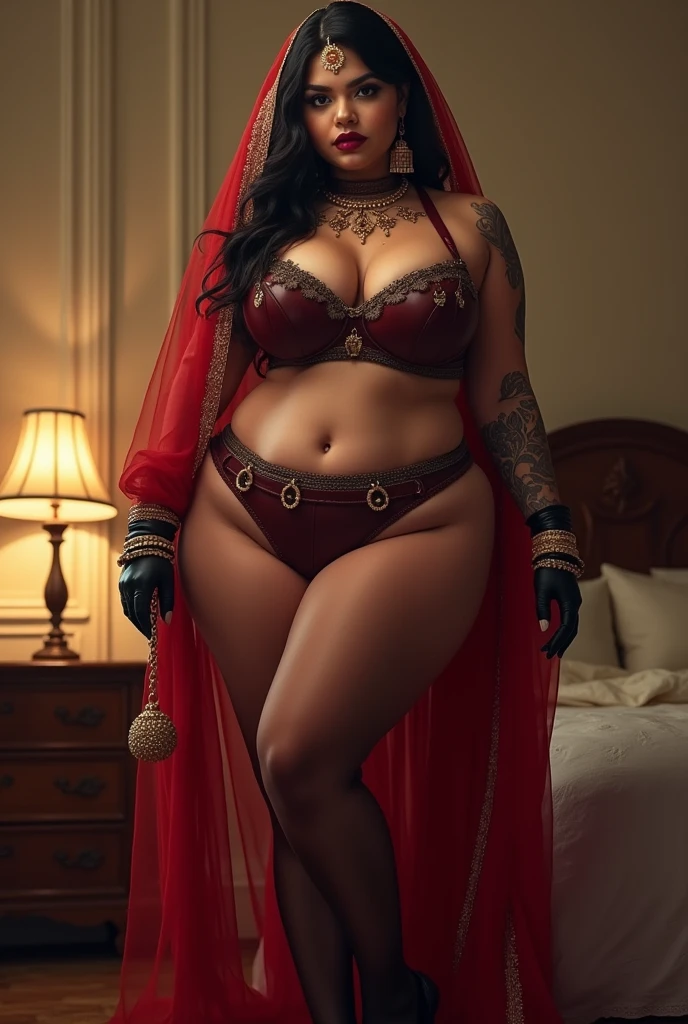 INDIAN CURVY BRIDE, Wet , Kinky , mistress, hunter, Wet BBW PAWG CHUBBY CURVY FAT ASS CURVY mistress her big ass in leather thong and big cleavage in leather bra, dark black lipstick,high heels, inside bedroom , pantyhose, strapon dildo, kinky , femdom, cruel mistress, sex toys,hand gloves with HUNTER and tattoo and strap in neck, Full body picture, VEIL red SAREE 