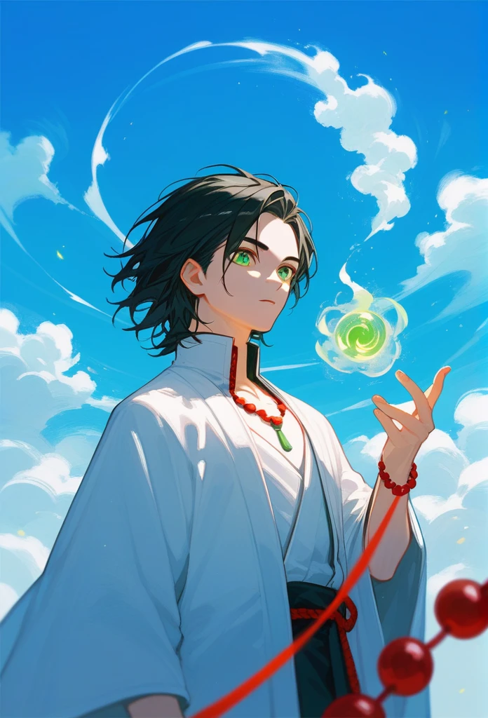 score_9_up,score_8_up,1boy, Black Hair, green eyes, medium hair, bangs, (forehead:0.8), white kimono, high neck halter top, red beads, ((necklace)), clouds, blue sky, (((magic))), solo