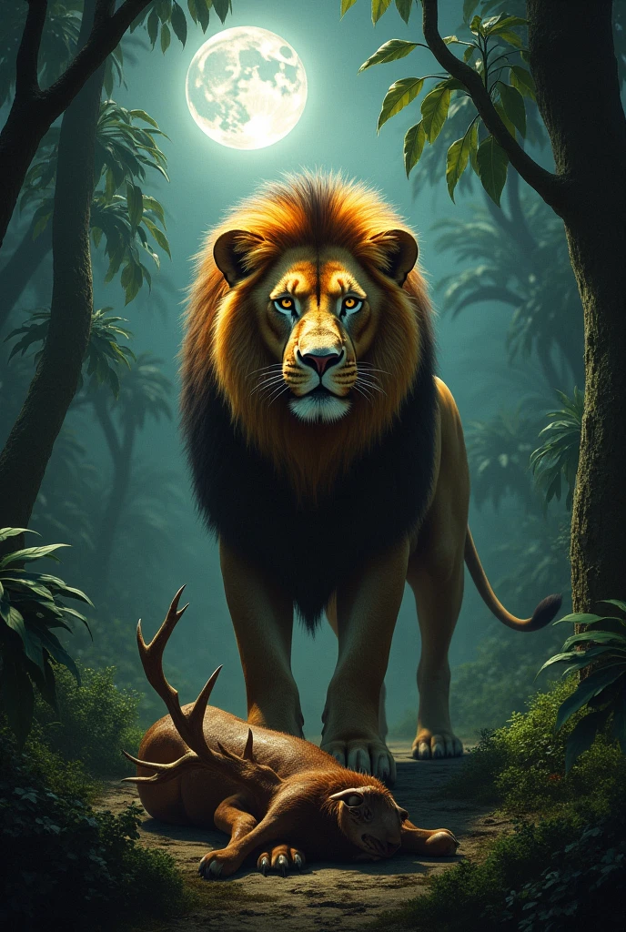 In a moonlit jungle, a lion is standing with its face forward. A deer lies dead on the ground with its face also forward. The lion has placed both of its paws on the deer, and its head is raised upward. There is blood on the lion's muzzle.