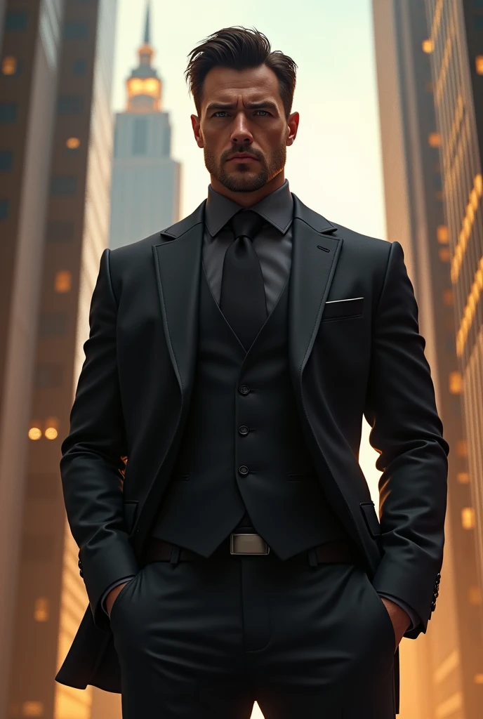 Great Muscular black suit with attractive face shape and eyes and hairstyle and a great muscular Jawline great buildings and lots of money behind him and he was a multi billionaire person in the world