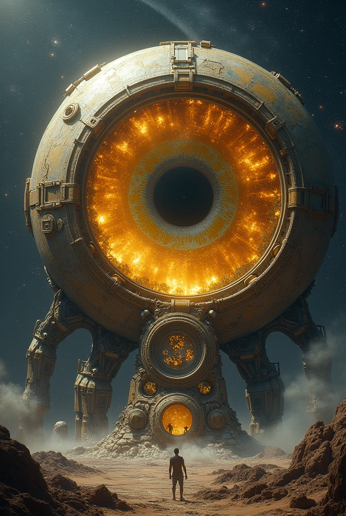 A mechanism the size of a star, yellow, huge mechanical eye. In the pupil there is a deep incredible space - stars, Universe, star explosion, nebula, spaceships and the history of the origins and events of mankind are arranged on shelves