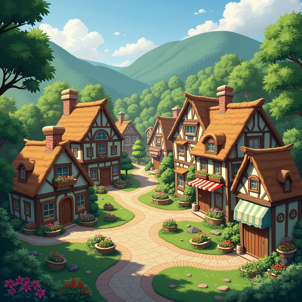 A quaint fantasy village with cobblestone streets and charming houses