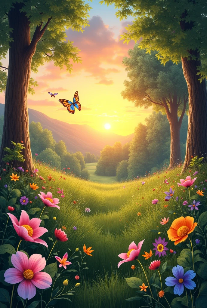 give me mind peaceful photo when i see that has colourful flowers and butterflies ,trees,grass in sunset and fill what you want