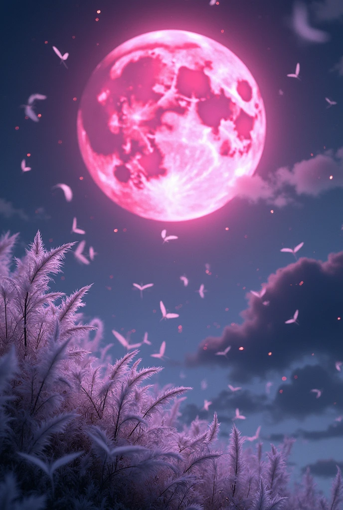 Mysterious and fantastical scenery at night。The pink full moon shines high in the sky、Countless white feathers fluttering in the sparkling light