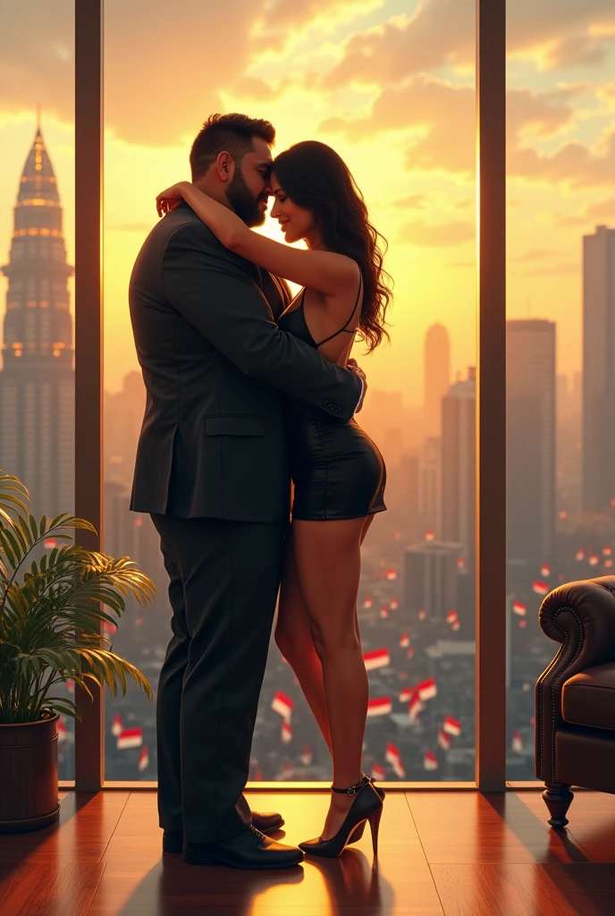 photorealism:1.2), Indonesian man, 40 years old,very fat, neat short black hair, a little beard, facing the camera, in a luxurious office area, casual suit hugging a beautiful, sexy woman, wearing a sexy skirt and high heels, glass background with a panoramic view of the city seen from a tall building, far A way see so many Indonesia flag red white , any freedom celebration, realistic, intricate details, warm colors, by Greg Rutkowski, by Alphonse Mucha