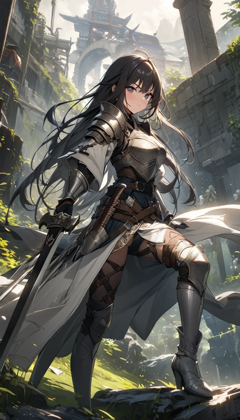 Ultra-high definition image quality、beautiful girl、Woman warrior、Female Swordsman、Light Armor、Silver boots、Long Hair、Knight&#39;s Hair Ornament、Black Hair、20-year-old、Be confident々face、Very short tight skirt、Sexy posture、wilderness、Highest quality,Big Ass、Big Breasts、Thighs、Grab the spear、Gorgeous embroidered lace panties、Her hair is fluttering in the wind、god々Wearing a new aura、Big Ass、Crotch close-up、Angle from directly below、Squat with your legs apart