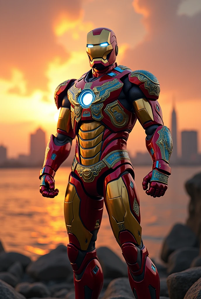 Create a highly detailed image of an Indian version of Iron Man, standing heroically with the cityscape of Mumbai in the background. The character should have armor inspired by traditional Indian elements, with vibrant colors like gold, red, and blue. The Indian flag should be prominently displayed on the chest plate, with the Ashoka Chakra clearly visible. The Mumbai skyline should include iconic landmarks like the Gateway of India and the Bandra-Worli Sea Link, all set against a sunset sky. The overall vibe should be powerful and patriotic."