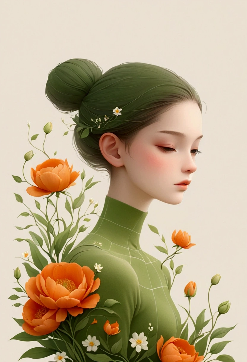 Victor Nai's style, beautiful details,simple,modern,advanced,cute,Color blocking,flowers,Orange,light green,grid,line,illustration,vigor,pixar,