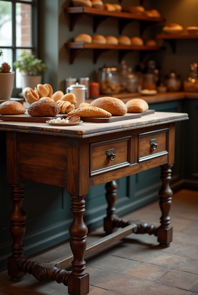 Design a vintage bakery table that exudes an old-world charm. The table should be made of rich, dark wood with a slightly worn finish, showcasing the natural grain and character of the wood. The legs should be elegantly turned with intricate carvings, reminiscent of 19th-century craftsmanship. The tabletop should have a warm, inviting patina, possibly with some subtle flour dust or worn spots, suggesting years of use. Consider adding small drawers with brass handles for storing bakery tools or recipe cards. The overall design should evoke a sense of nostalgia and be perfect for displaying freshly baked bread, pastries, and other treats in a cozy, vintage bakery setting