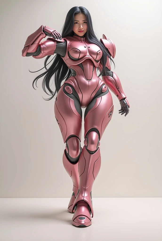 派手なPink metallic powered armorを着た25歳の美しい日本人女性:1.8, Pink metallic powered armor:1.5, No skin exposure:1.5, smile,Big Breasts:1.5,Black Hair:1.5