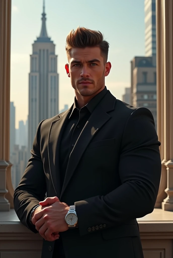 Great Muscular black suit with watch in hand attractive face shape and eyes and hairstyle and a great muscular Jawline great buildings and lots of money behind him and he was a multi billionaire person in the world