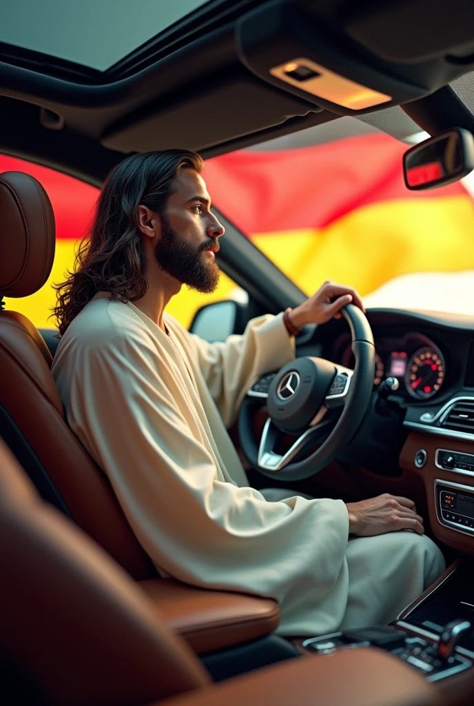 Jesus in a Mercedes with a German flag 