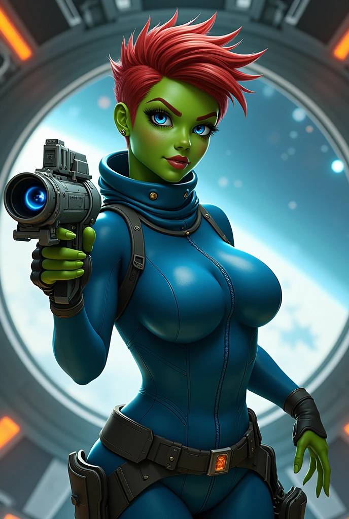 A green skinned girl, wearing a blue space shirt, spaceship interior background. Her eyes are blue. She is busty. She holds a space blaster. She has red short masculine hair. Beautiful detailed face