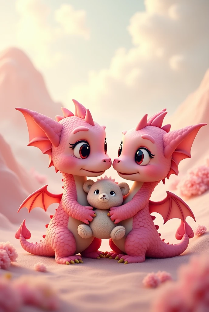 Two little pink dragons holding teddy bears 