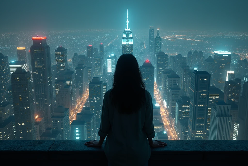 Woman looking down on magnificent night city from rooftop, Ultra-realisticな写真, High Angle, Cinema Lighting, Gloomy atmosphere, Dramatic Shadows, Neon Light, Detailed architecture, Shining cityscape, Ultra-realistic, 8k, Realistic, Back view, sad