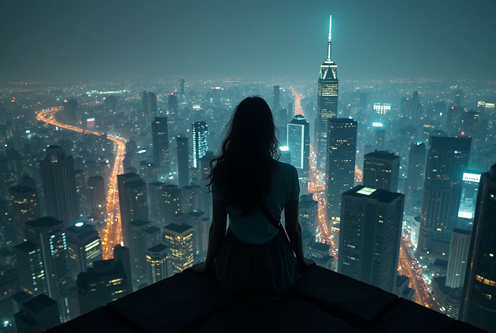 Woman looking down on magnificent night city from rooftop, Ultra-realisticな写真, High Angle, Cinema Lighting, Gloomy atmosphere, Dramatic Shadows, Neon Light, Detailed architecture, Shining cityscape, Ultra-realistic, 8k, Realistic, Back view, sad
