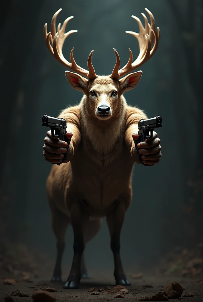 Strong fitness deer holds two pistols in his hands