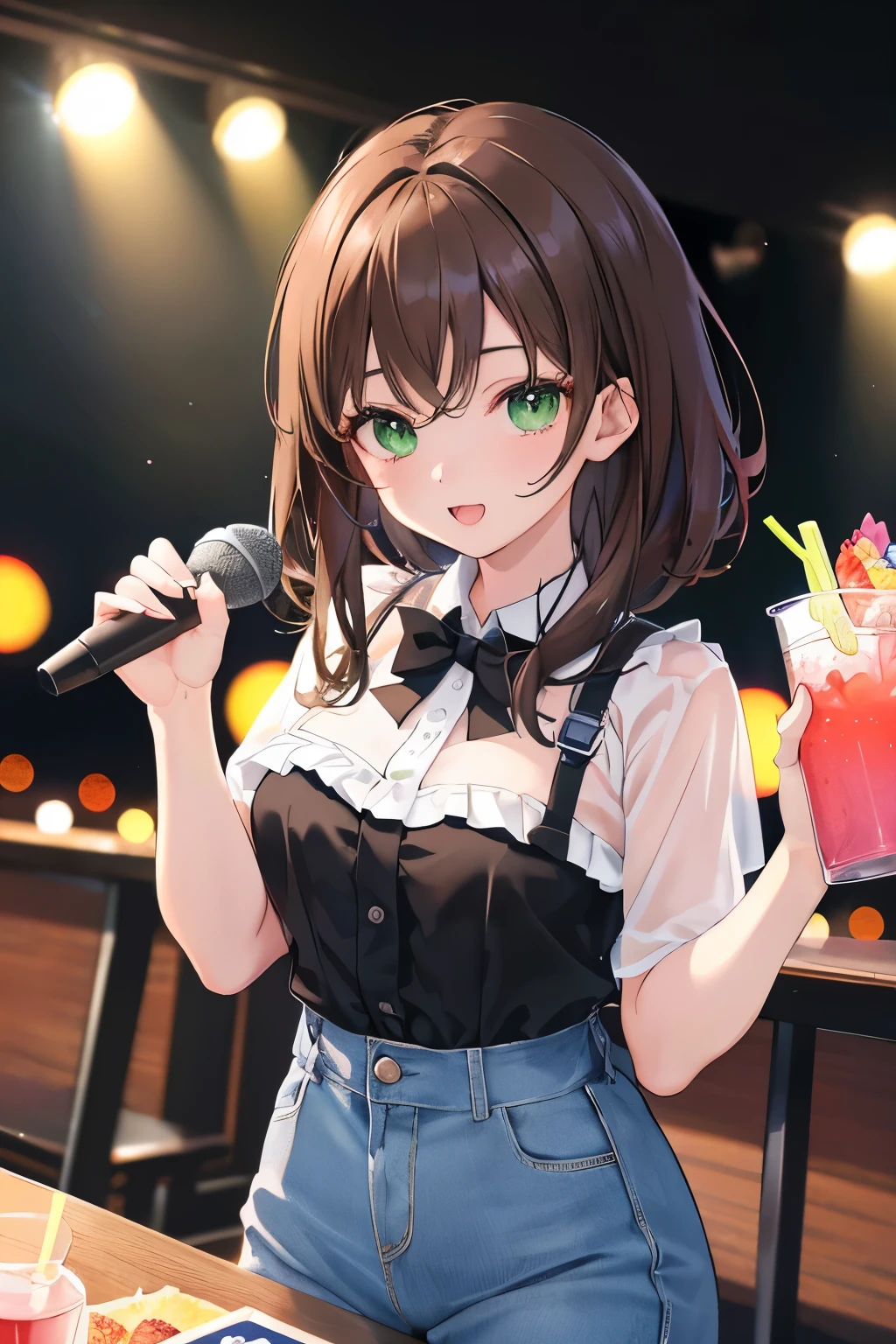 ((masterpiece, Highest quality, High resolution, 超High resolution, Pixel perfect, Written boundary depth, 4K, RTTX 10.0, High resolution))), 1 person, single, alone, Beautiful Anime, Beautiful art style, Anime characters, ((Shortcuts, bangs, Dark brown hair)), ((Green Eyes:1.4, Round eyes, Beautiful eyelashes, current eyes)), ((Smooth texture:0.75, Anime CG style)), ((Dynamic Angle, close)), Perfect body, (cute), Normal chest, whole body, ((4K, 8k, Highest quality, Perfect Fingers: 1.3, Perfect Anatomy: 1.3, Background Blur)), whole bodyアングル, Illustration of a person singing karaoke。Characters in casual clothes、With a microphone in his hand、Singing happily。her face is lively。In the background is the bright lights of a karaoke room.。Drinks and snacks are on the table。