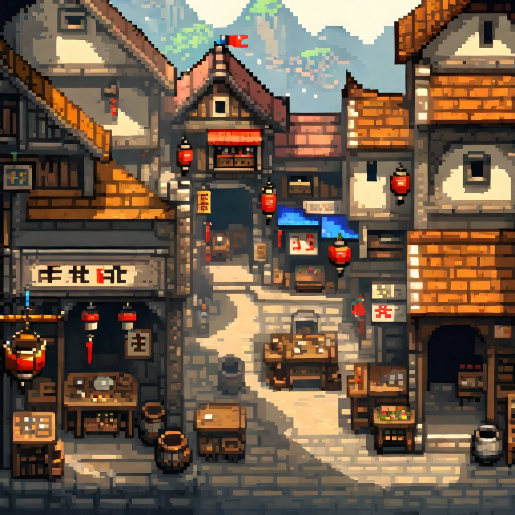 Pixel艺术, Pixel艺术场景:A bustling medieval village, Lively stalls, Vivid characters, Realistic textures, 关注每个Pixel的细节, Reminiscent of 16-bit RPG games, Shot with Nikon D3, Focal length 35mm HD 2D Pixel艺术 :: Pixel风格 :: Pixel