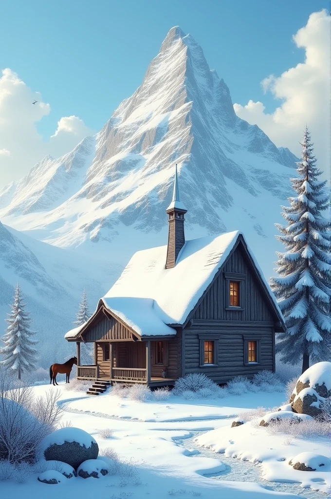 A wooden house with stem from vessel covered with snow and big tree behind the huge mohntaim and horse tied at side 