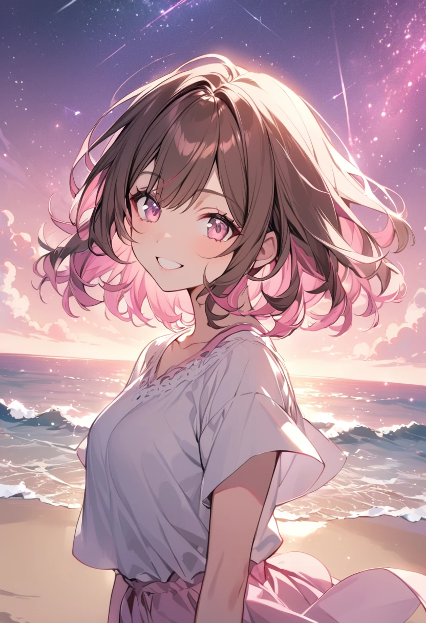 good looking, alone, 1 female, Medium Hair, Brown Hair, Pink highlights on the tips, Pale pink eyes,Smile Facial,Pink starry sky,Short sleeve,Sandy Beach
