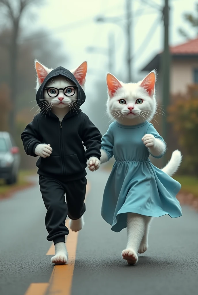 tall white cat dressed in black hoodie and black pant with glasses holding hands of a tall beautiful white cat dressed in blue plain frock running on road