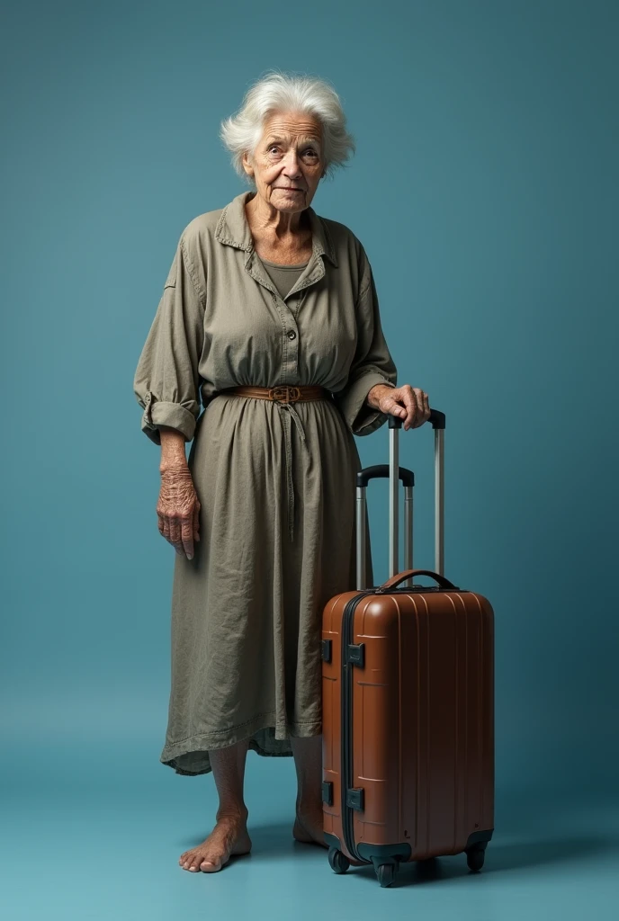 old lady standing with a hand on rolling suitcase, wide full body portrait, wearing a drab old dress, even studio light, blue backdrop, photorealistic