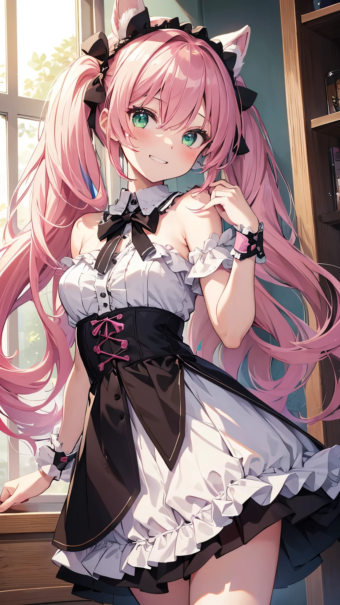 1girl,grin,top-quality,Top image quality,in 8K,4K,​masterpiece,ultra-detailliert,Beautiful、ultra-quality, best quality,high resolution, ultra-detailed,game cg,dutch angle ,beautiful detailed eyes, visualart,five fingers, perfect hands,beautiful girl,BREAK,(chibi:1.2),slender,(flat chest),long hair,pink hair,(half twintails),emerald green eyes,(Rabbit ear hair bands),(petticoat),blush,