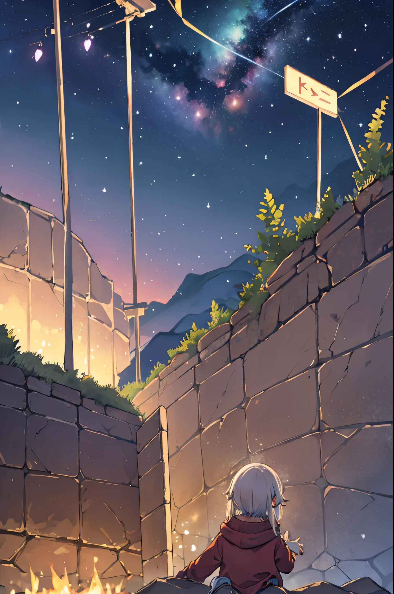 Tabletop, Highest quality, 1 person, alone, effect, Dark Background, With a happy face,Little、camp、Before the bonfire、Under the stars